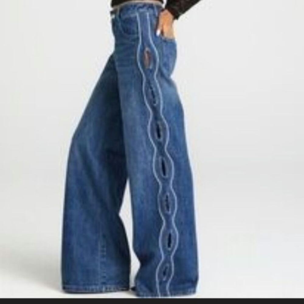 Sasha Therese Women's Baggy Slouchy Wide-Leg Cairo Jeans Large 8 Cutouts Low - Picture 1 of 11